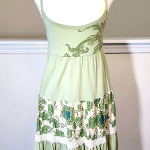 Vintage Fresh Brewed made in the USA 100% cotton floral tiered green dress SZ M
